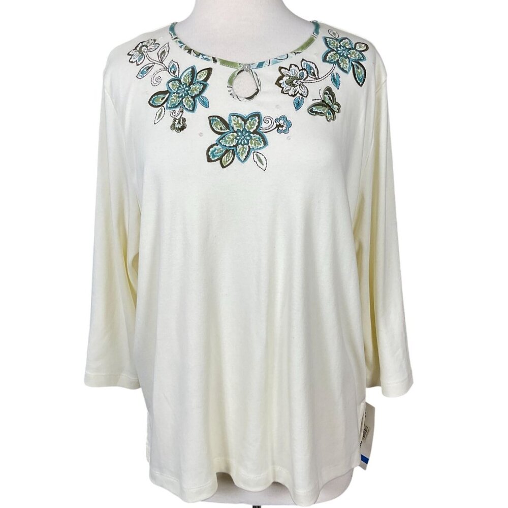 Alfred Dunner Wisteria Lane 3/4 Sleeve Floral Embroidered Neckline Pullover Top